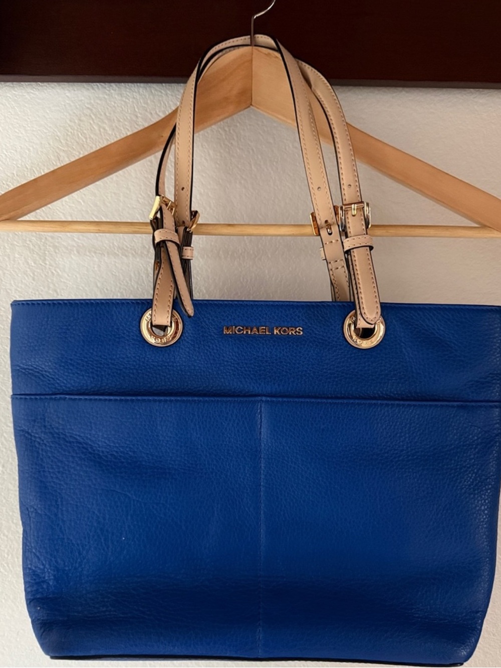 Michael Kors Royal Blue Leather Tote with Beige Straps